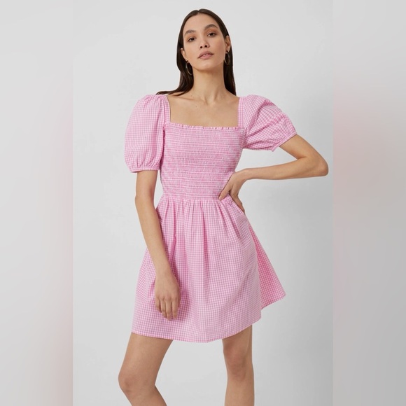 French Connection Dresses & Skirts - French Connection Artina Pink Gingham Mini Dress Square neck Puff Sleeve Medium